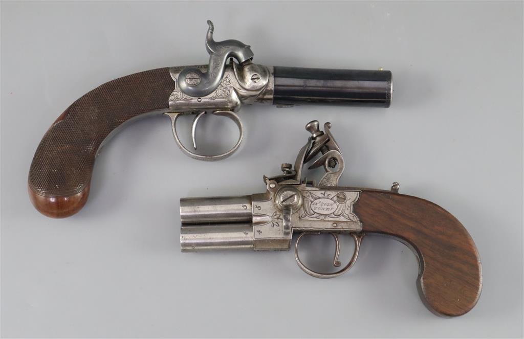 An early 19th century twin barrel flintlock pocket pistol, by Jn. & Geo. Jones of London, length 7.5in